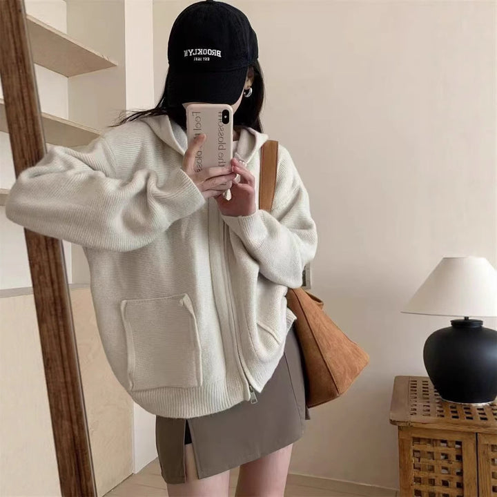 Damen Casual Oversized Strickjacke mit Kapuze und Taschen Drune