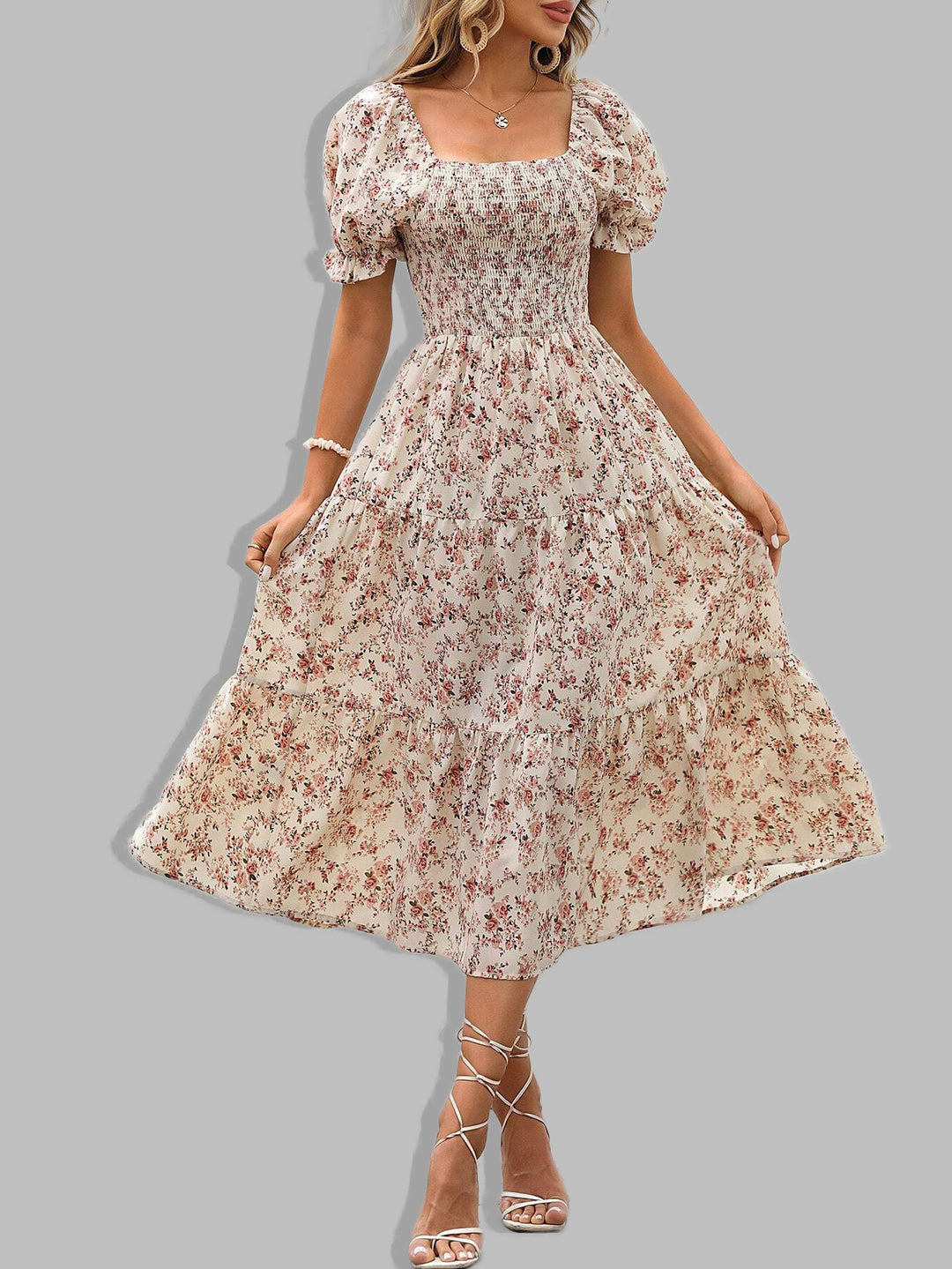 Damen romantisches Midikleid mit Puffärmeln und floralem Design Drune