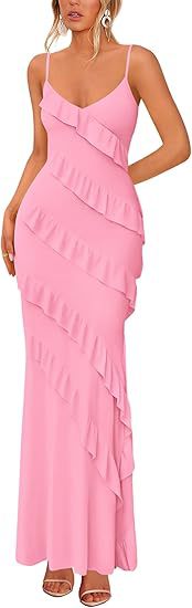 Damen Maxikleid mit Rüschen und Spaghettiträgern Drune