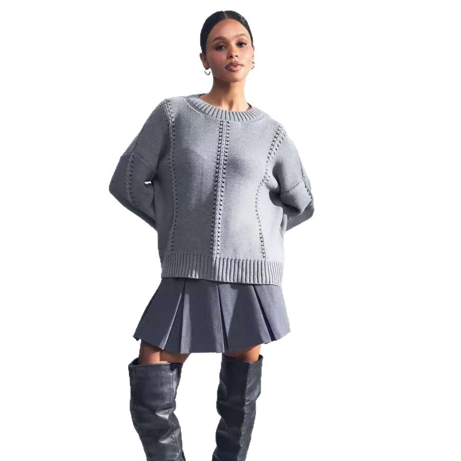 Damen lässiger Strickpullover mit feiner Lochmusterung und breiten Bündchen Drune