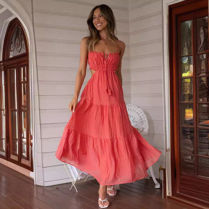 Damen luftiges Maxikleid mit Rüschendetails und verstellbarem Taillenband Drune