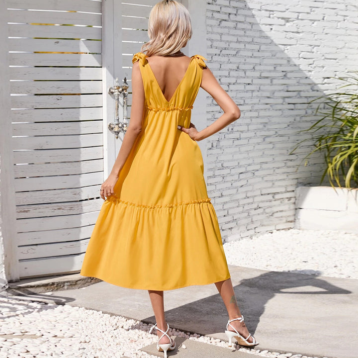 Damen Midikleid mit rüschenverziertem Saum und tiefem V-Ausschnitt Drune