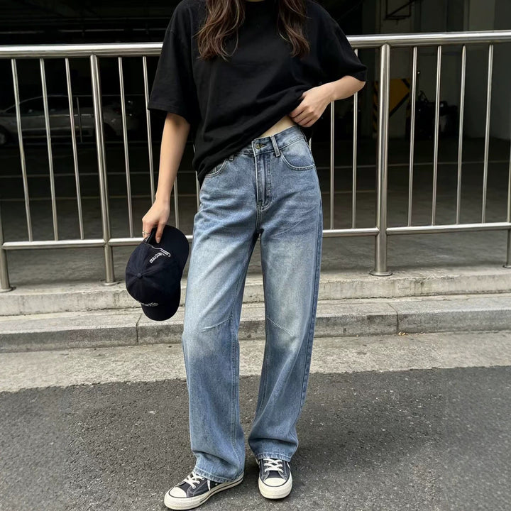 Damen nan hochgeschnittene weite Jeans mit geradem Bein, Knieabnähern und klassischem Five‑Pocket‑Schnitt Drune