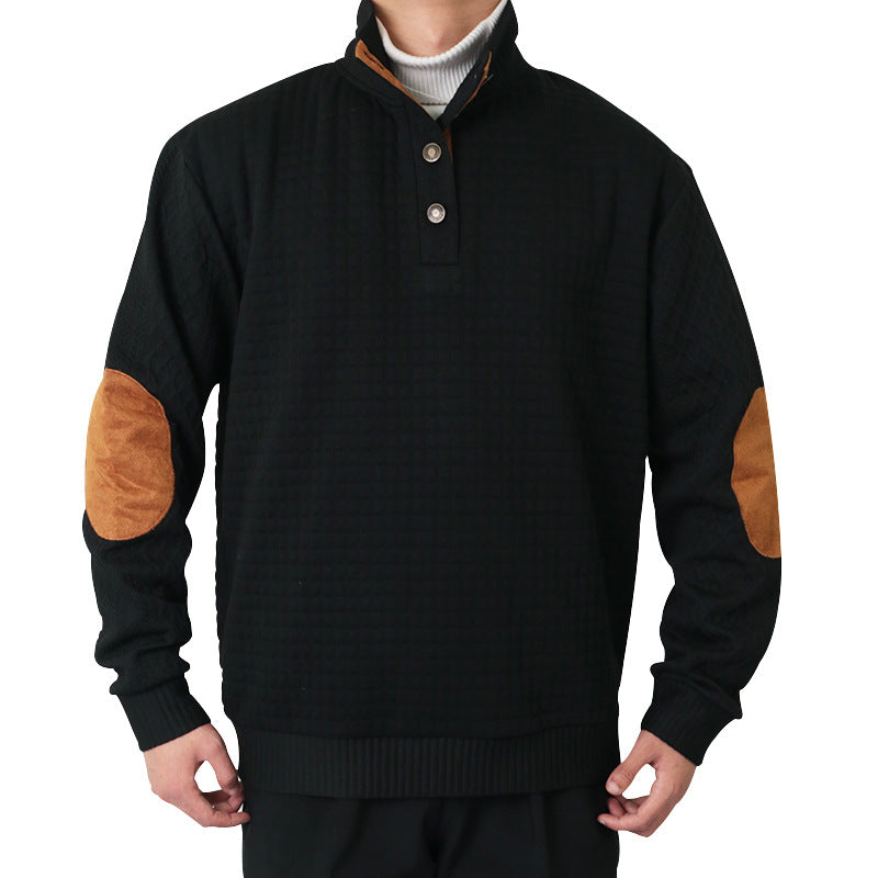 Herren nan Halbknopf-Stehkragenpullover mit Wabenstruktur und Lederbesatz Drune