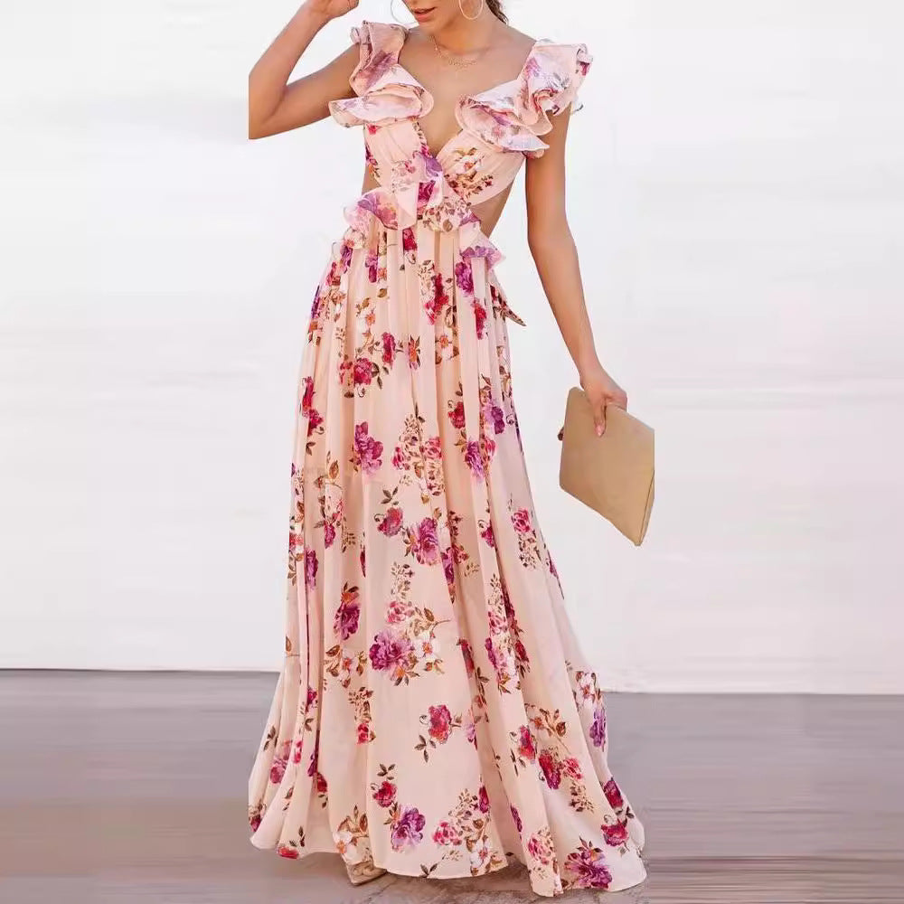 Damen Elegantes Maxikleid mit Rüschendetails und floralem Design Drune