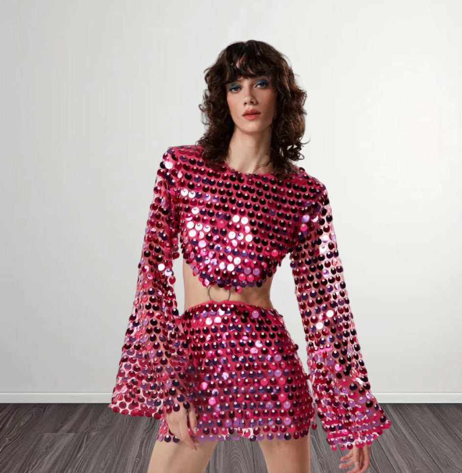 Damen modisches Minikleid mit durchsichtigen Ärmeln und Paillettenbesatz Drune
