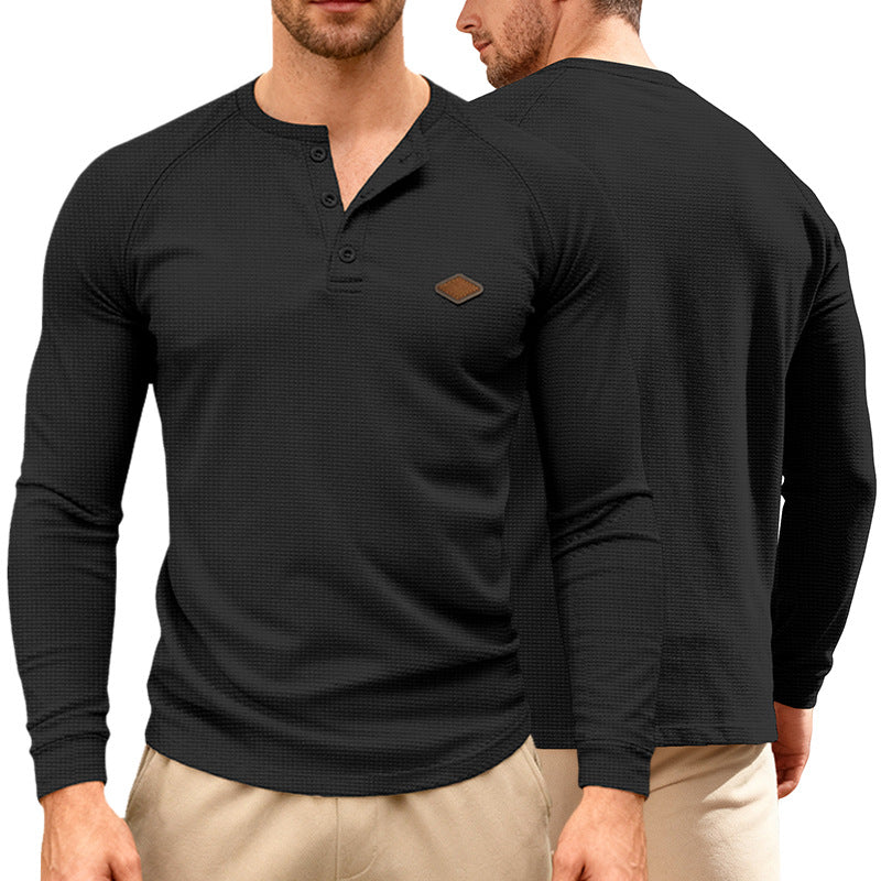 Herren nan Waffelstrick-Henley Langarmshirt mit Raglanärmeln, Halbknopfleiste und Lederlabel Drune