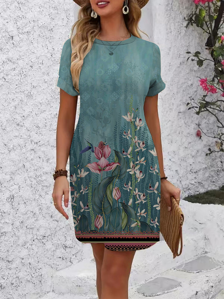 Damen lässiges Kurzarmkleid mit floralen Motiven und bequemen Schnitt Drune