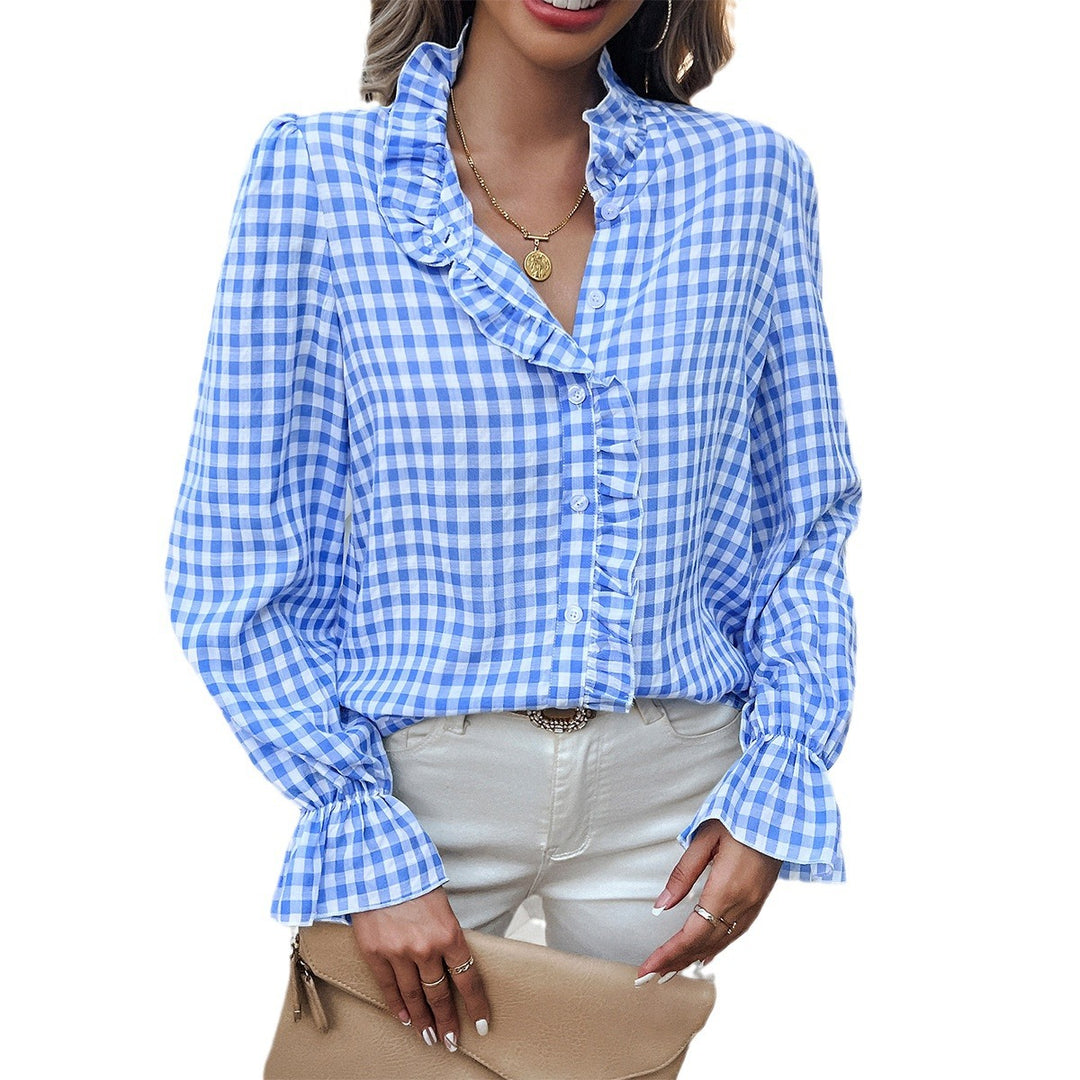 Damen Karierte Bluse mit Rüschendetails und Knopfleiste Drune