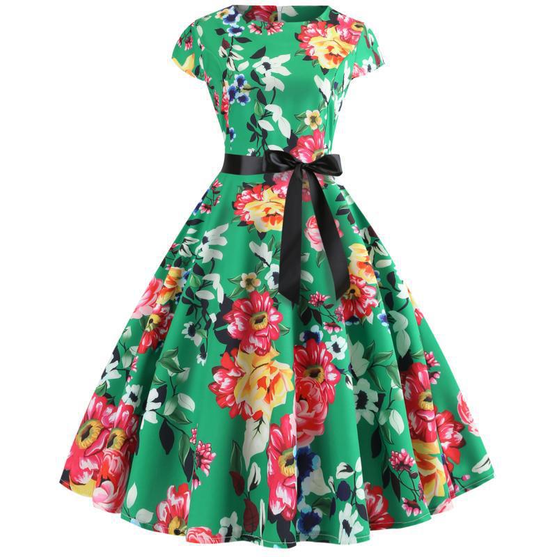 Damen Midi-Kleid mit floralem Design und verstellbarem Taillengürtel Drune