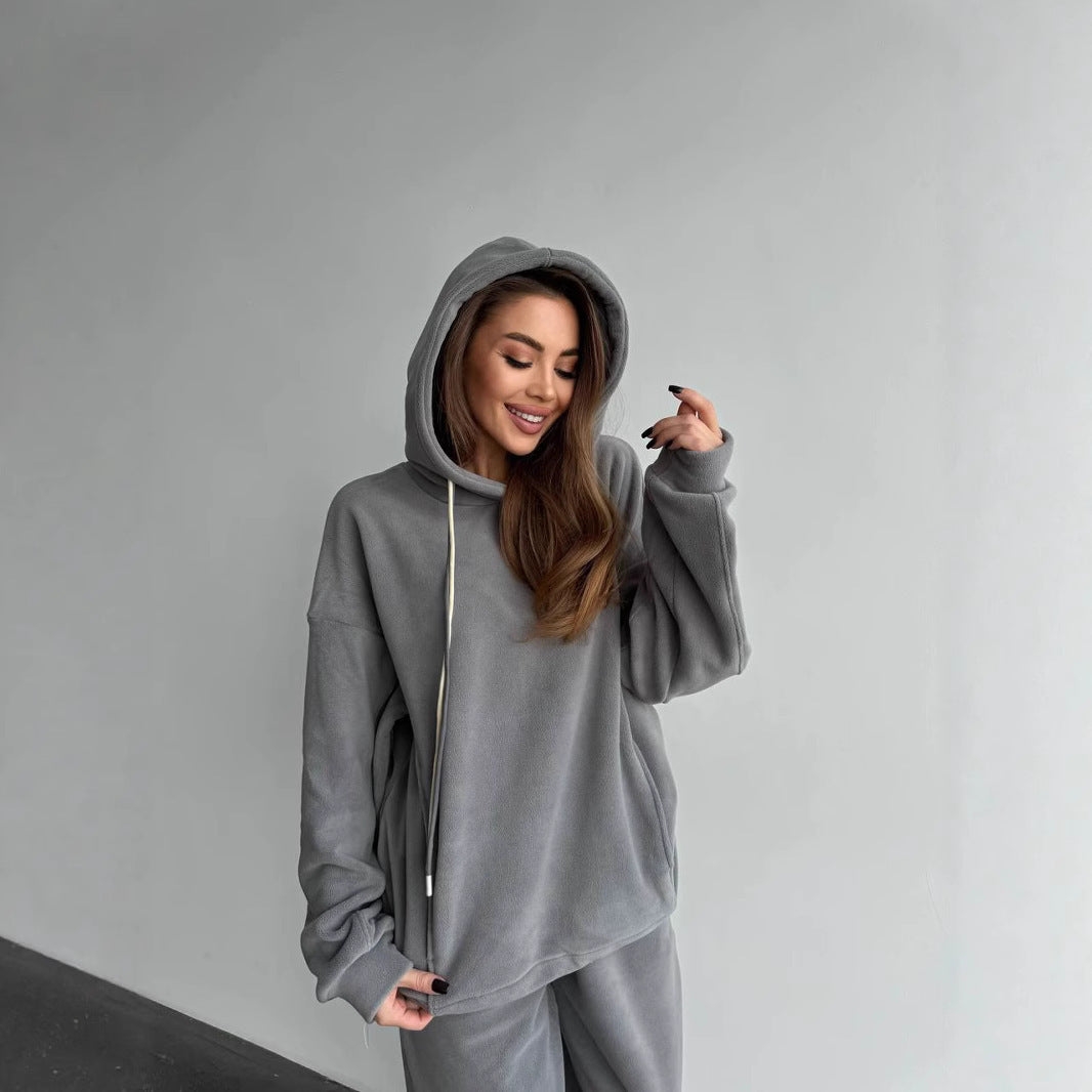 Damen Fleece-Lounge-Hose und Kapuzenpullover Set Drune