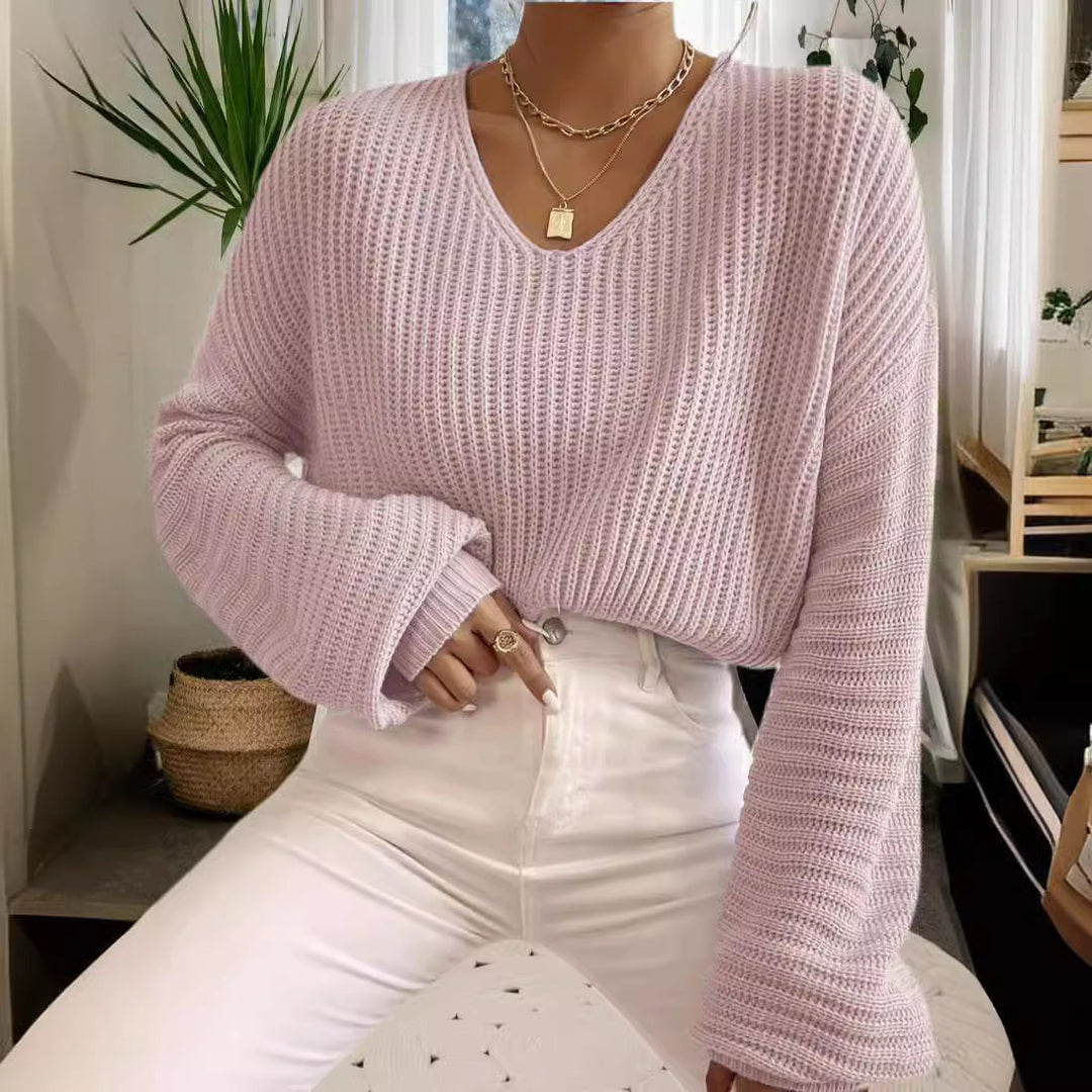 Damen V-Pullover mit weiten Ärmeln und strukturiertem Strickmuster Drune