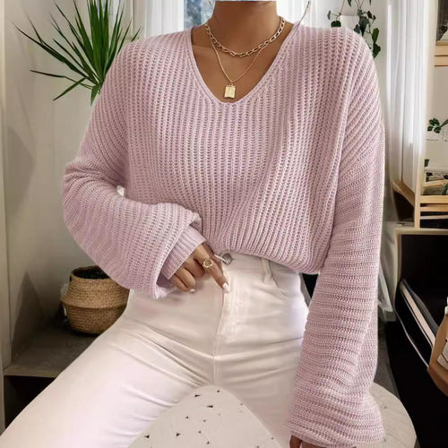 Damen V-Pullover mit weiten Ärmeln und strukturiertem Strickmuster Drune