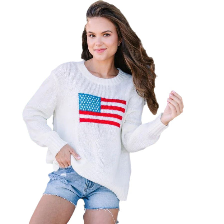 Damen trendiger Pullover mit USA-Flaggenstickerei aus luftiger Baumwolle Drune