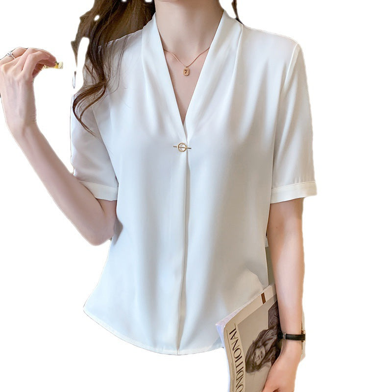 Damen Bluse mit elegantem V-Ausschnitt und schickem Pin-Verschluss Drune