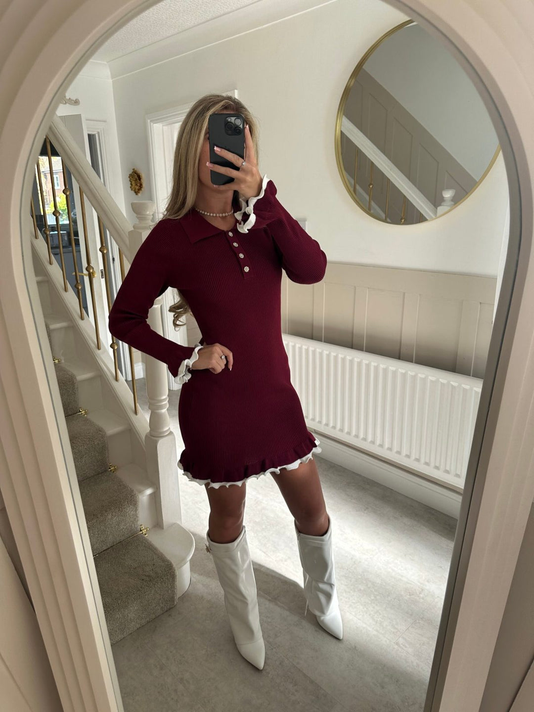 Damen Strickkleid mit Spitze und Knopfleiste Drune