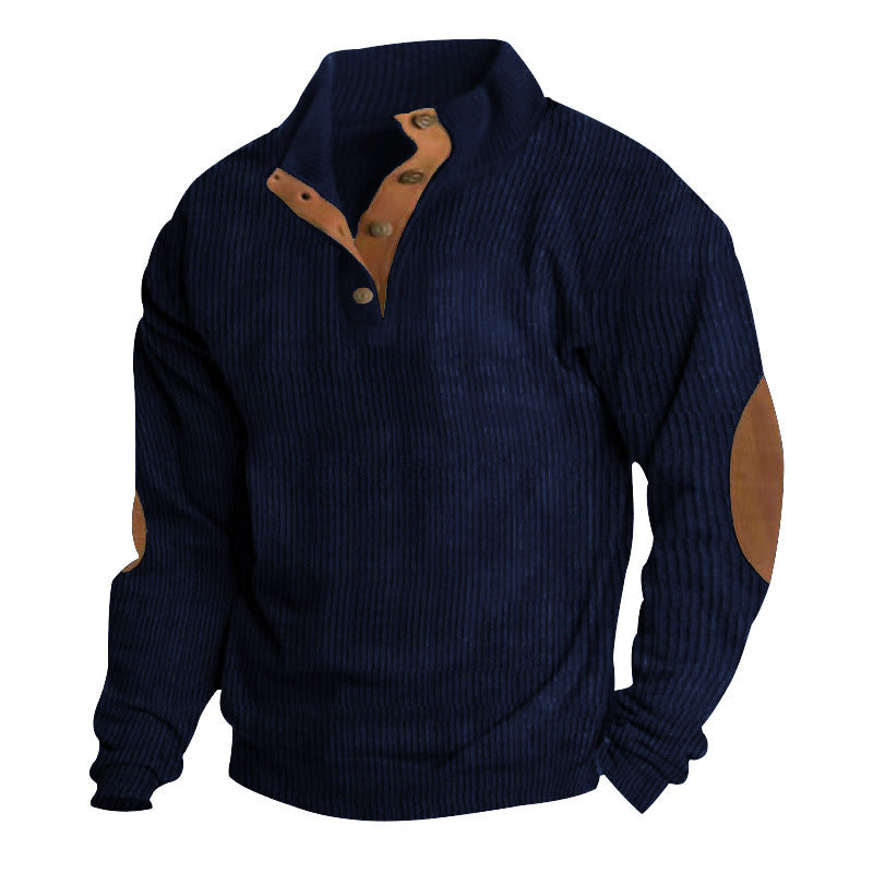 Herren nan rustikaler gerippter Pullover mit Henley-Kragen und lederartigen Ellbogenbesätzen Drune