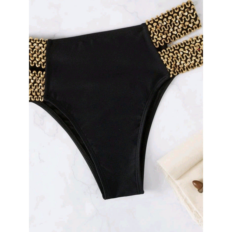 Damen Bandeau-Bikini mit goldenen Akzenten und hohem Taillenschnitt Drune