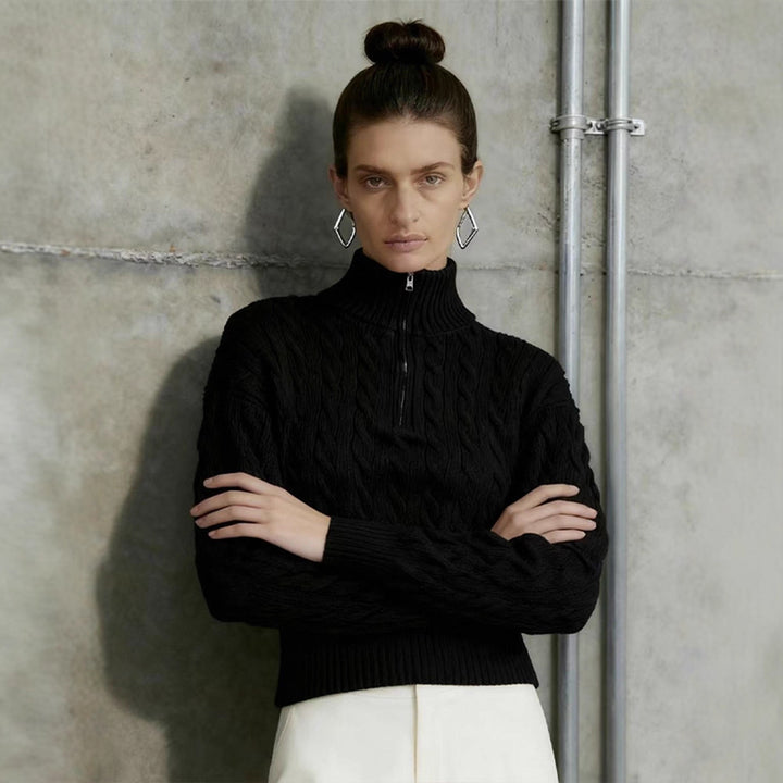 Damen eleganter Strickpullover mit hohem Kragen und Reißverschluss Drune