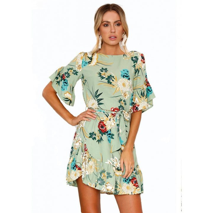 Damen Floral Wickelkleid mit Volantärmeln und Taillengürtel Drune
