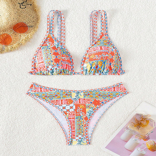 Damen Triangel-Bikini-Set mit eleganten Mustern und verstellbaren Trägern Drune
