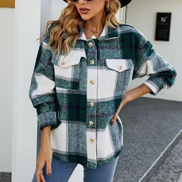 Damen Karierte Flanelljacke mit Knopfleiste und Taschen Drune