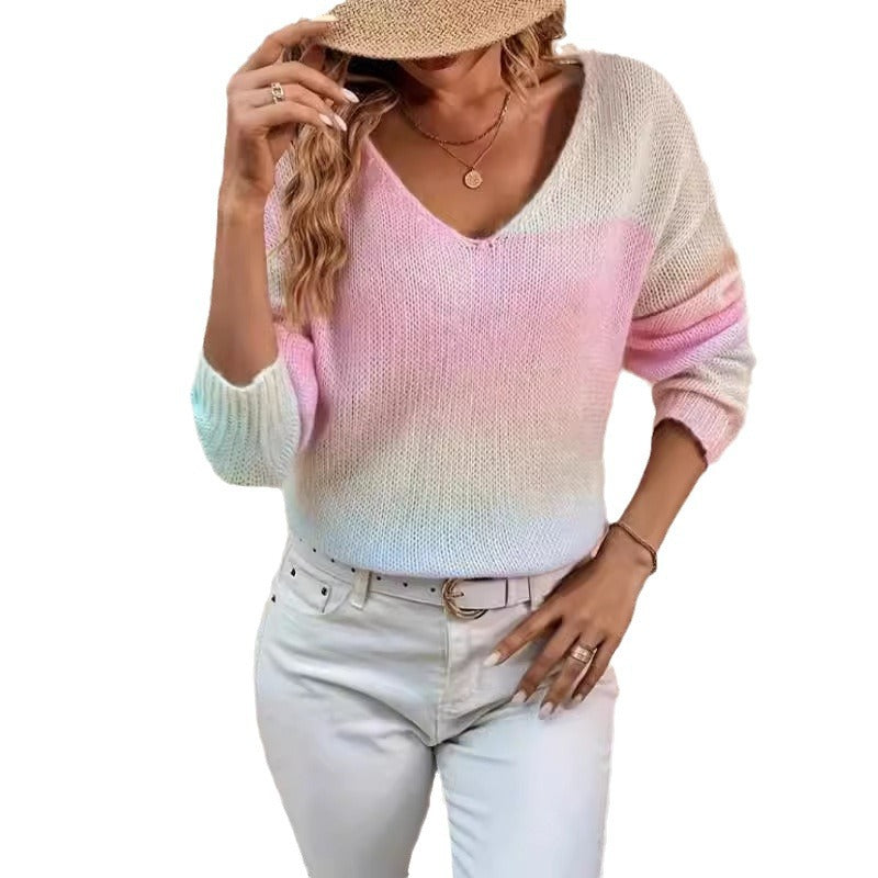Damen lockerer gestrickter Pullover mit V-Ausschnitt Drune