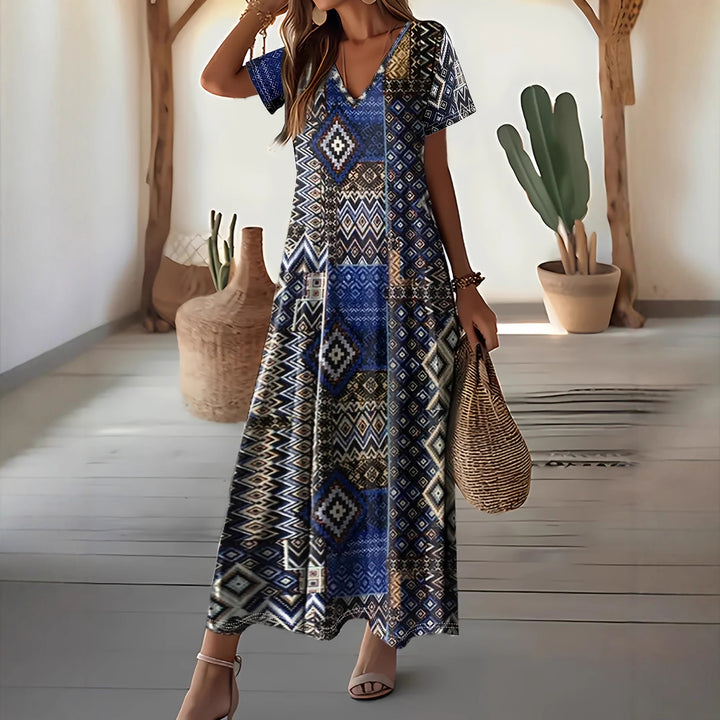 Damen Maxikleid mit geometrischem Muster und V-Ausschnitt Drune