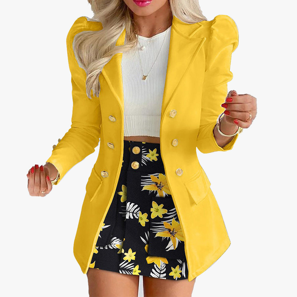 Damen nan tailliertes Zweiteiler-Businesskostüm mit doppelreihigem Blazer und figurbetontem Minirock Drune