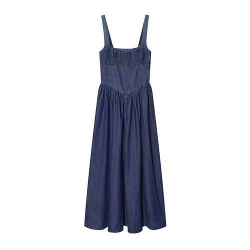 Damen Denim Maxikleid mit schwingendem Rock und verstellbaren Trägern Drune