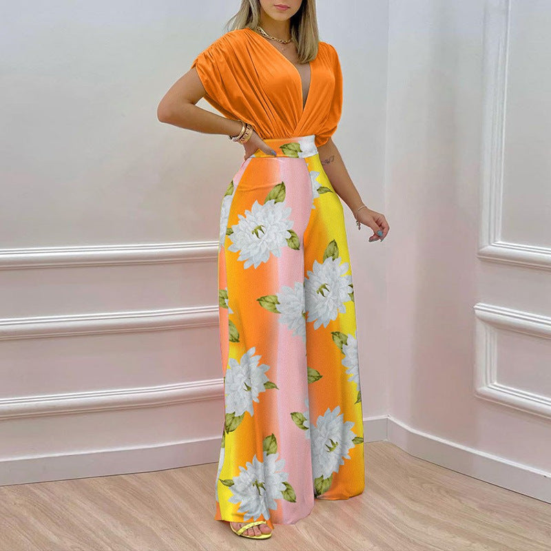 Damen Jumpsuit mit tiefem V-Ausschnitt und weitem Bein Drune