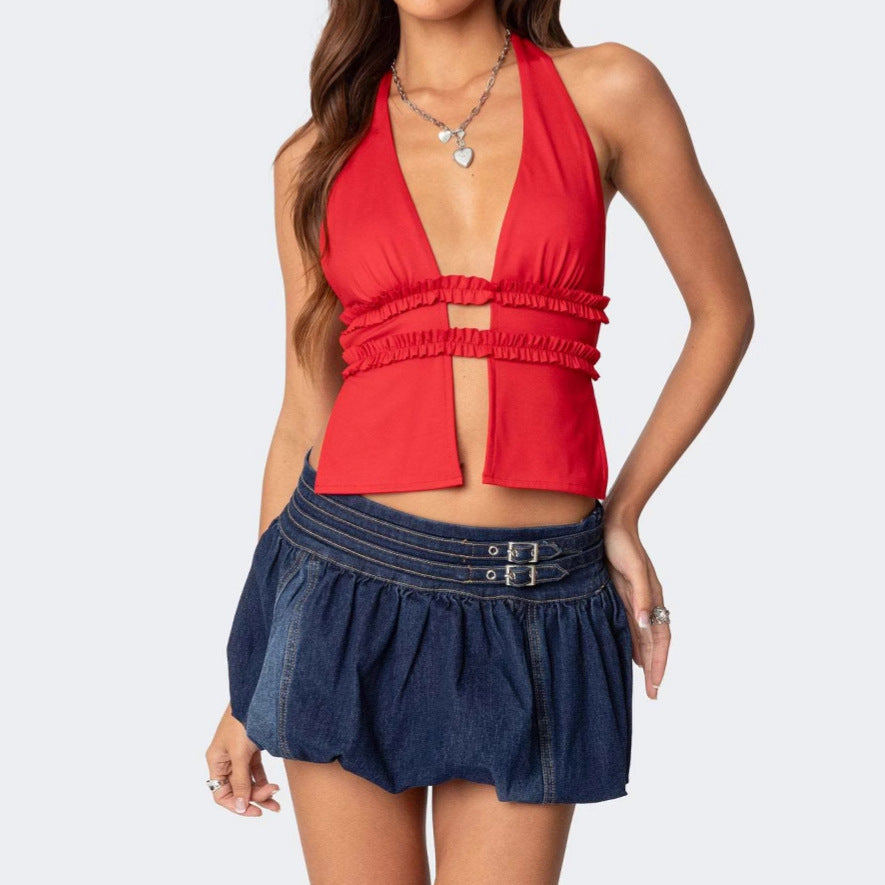 Damen Crop-Top mit Rüschendetails und schickem Cut-Out Drune