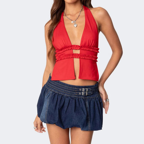 Damen Crop-Top mit Rüschendetails und schickem Cut-Out Drune