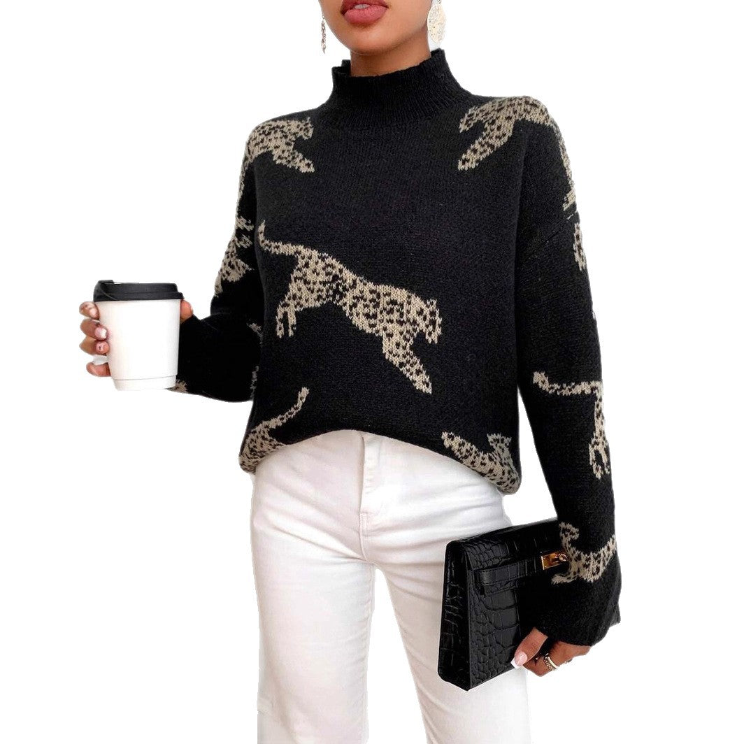 Damen Strickpullover mit kreativem Tiermotiv und hohem Kragen Drune