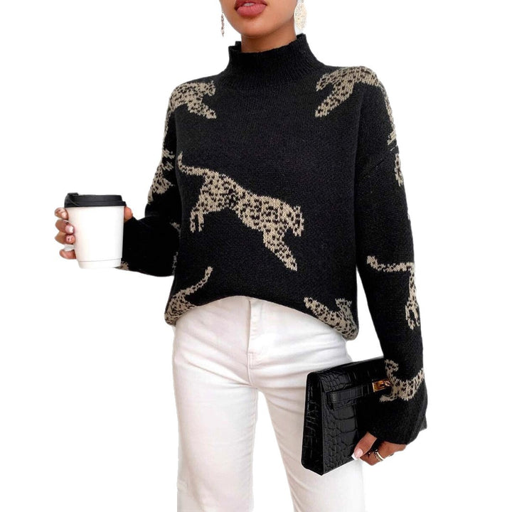 Damen Strickpullover mit kreativem Tiermotiv und hohem Kragen Drune