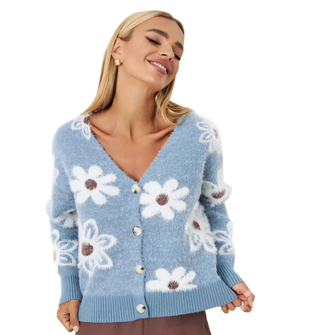 Damen Kuscheliger Cardigan mit floralem Design und Knopfdetails Drune