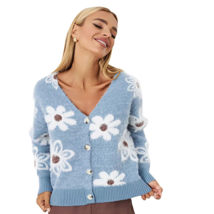 Damen Kuscheliger Cardigan mit floralem Design und Knopfdetails Drune