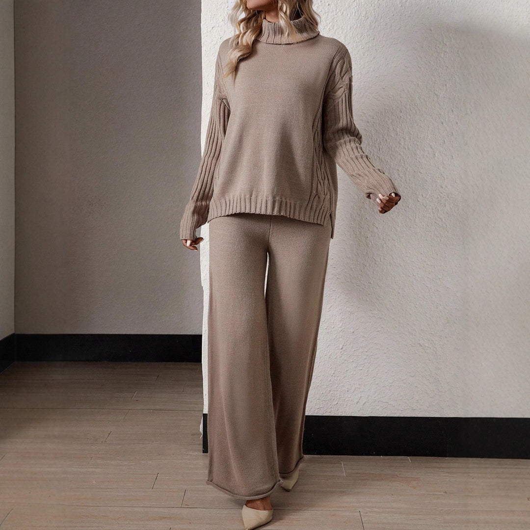Damen Stilvolles Strickset mit hohem Kragen und weiter Hose Drune