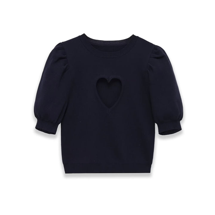 Damen Baumwollpullover mit herzförmigem Ausschnitt und modischen Puffärmeln Drune