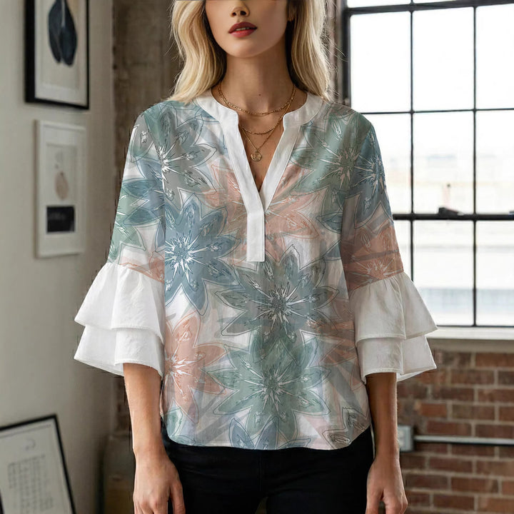 Damen elegantes Oberteil mit voluminösen Rüschensäumen und floralem Design Drune