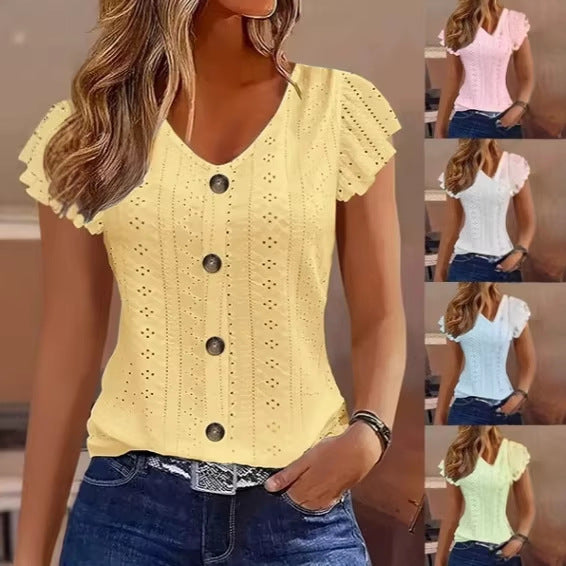 Damen luftige Bluse mit filigranem Lochmuster und Knopfdetails Drune