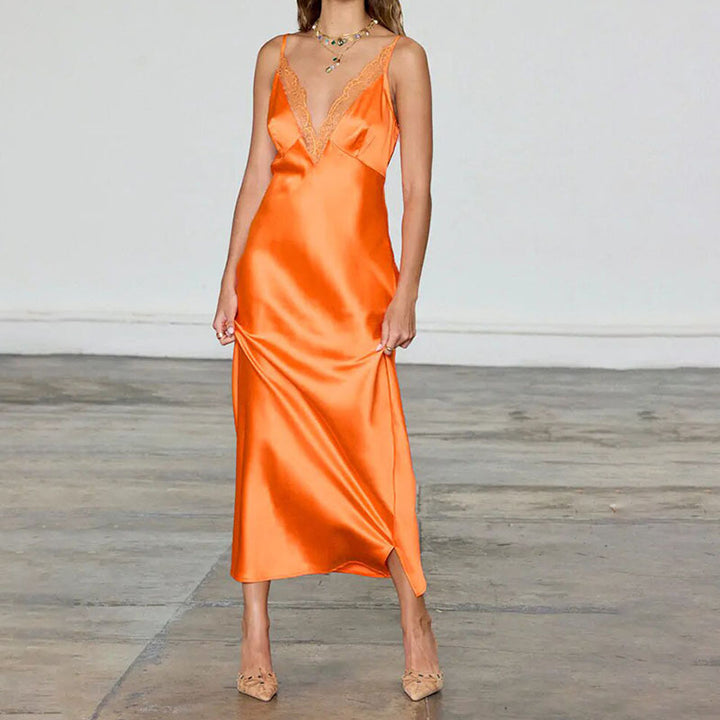 Damen Elegantes Satin-Maxikleid mit transparenter Spitze Drune