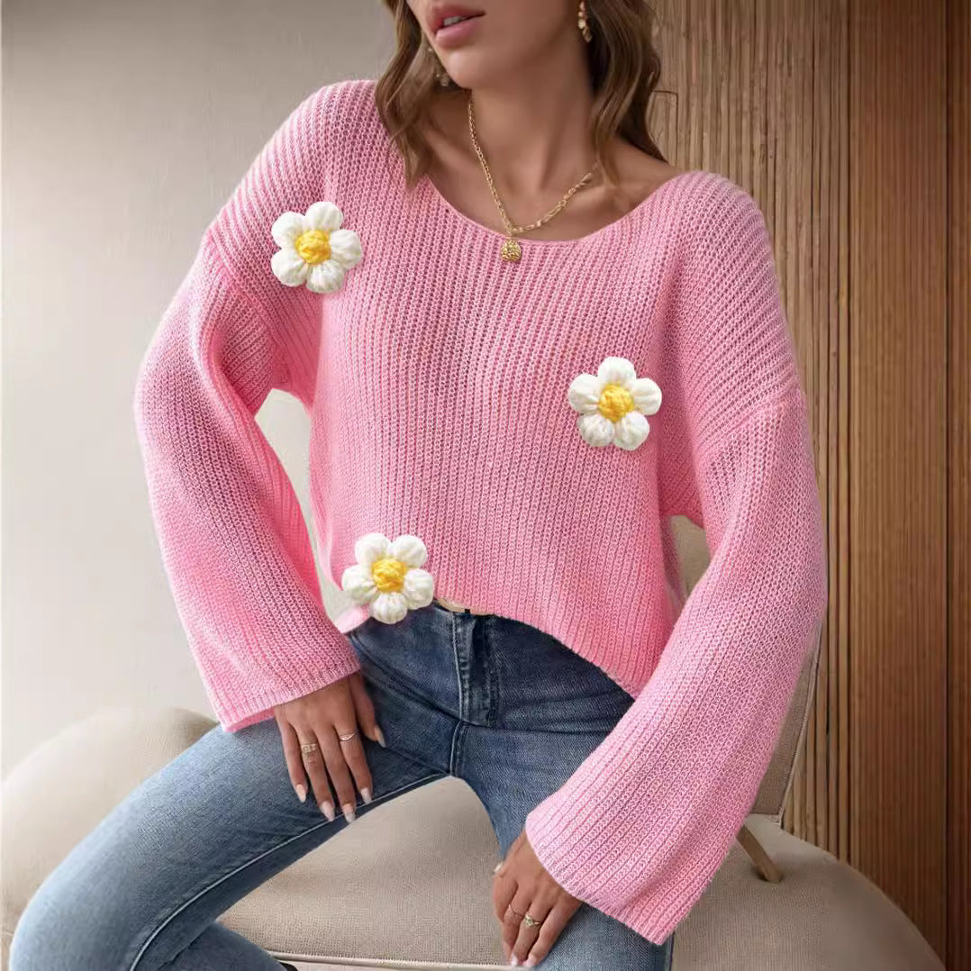 Damen Strickpullover mit verspielten Blumenapplikationen Drune
