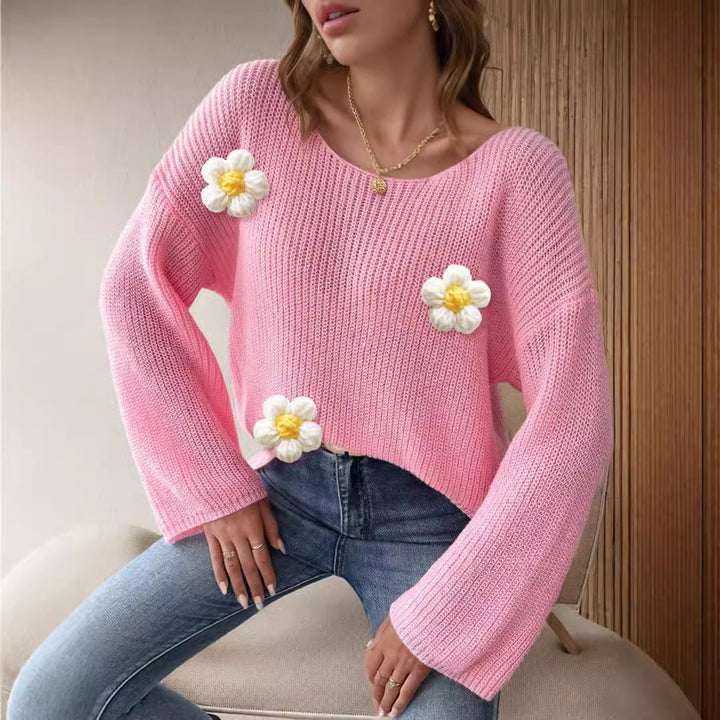 Damen Strickpullover mit verspielten Blumenapplikationen Drune