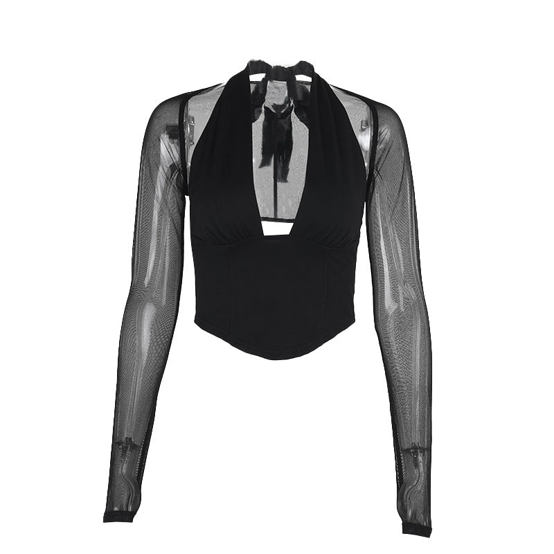 Damen Cropped-Top mit transparenten Ärmeln und tiefem V-Ausschnitt Drune