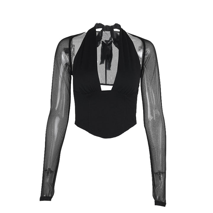 Damen Cropped-Top mit transparenten Ärmeln und tiefem V-Ausschnitt Drune