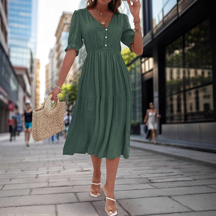 Damen Midi-Kleid mit knöpfbarem V-Ausschnitt und luftigen Puffärmeln Drune