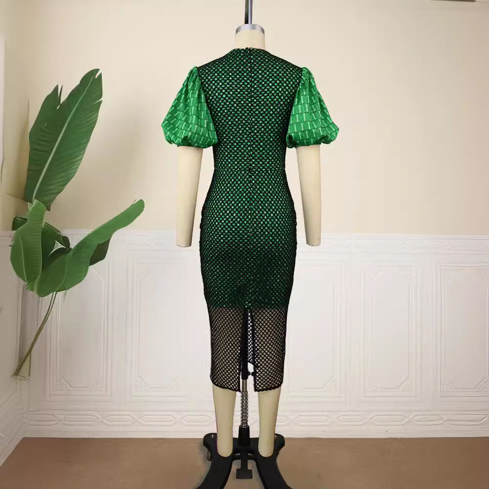 Damen figurbetontes Kleid mit innovativem Netzdesign und voluminösen Puffärmeln Drune