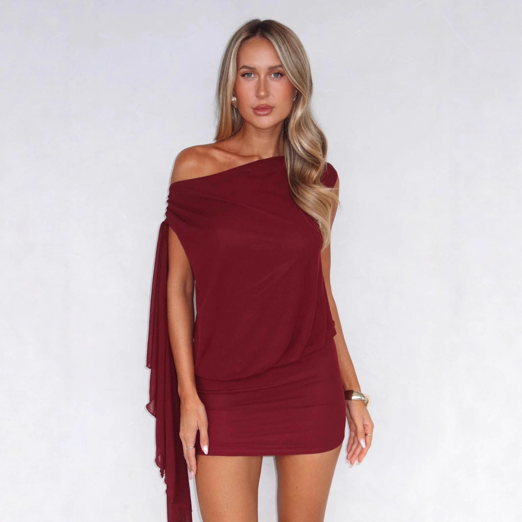 Damen elegantes One-Shoulder Kleid mit fließendem Material Drune