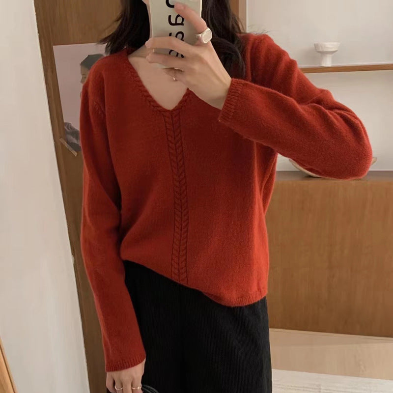 Damen Eleganter V-Ausschnitt Pullover mit feinem Zopfmuster Drune